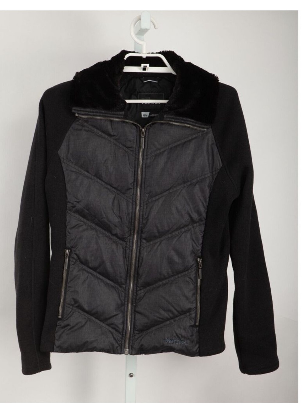 Marmot Jacket Womens Medium Black Puffer Down Fill Full Zip Faux Fur Collar